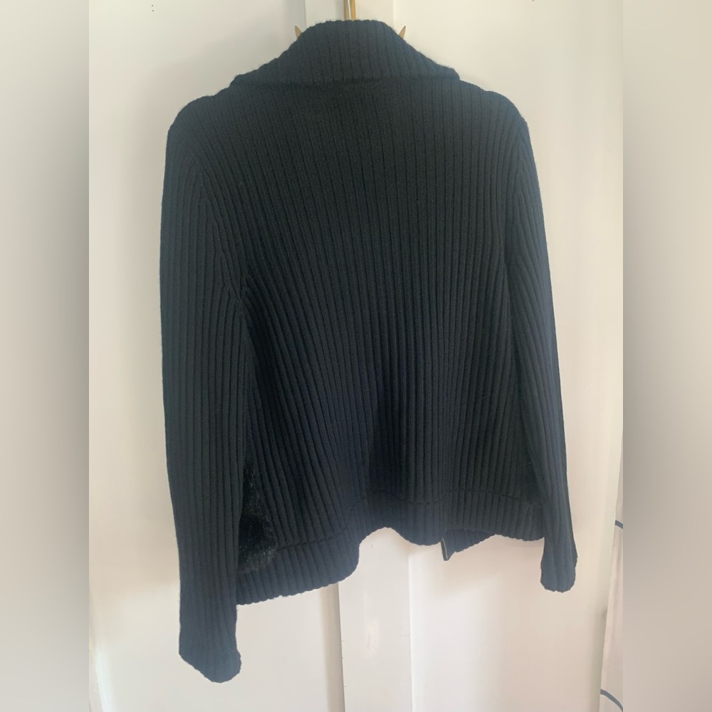 Jones NY Signature Black 100% Merino Wool Faux Fur Zip Up Sweater Jacket Sz L - Picture 7 of 7